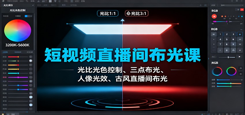 短视频直播间布光课：光比光色控制、三点布光、人像光效、古风直播间布光-轻创驿站