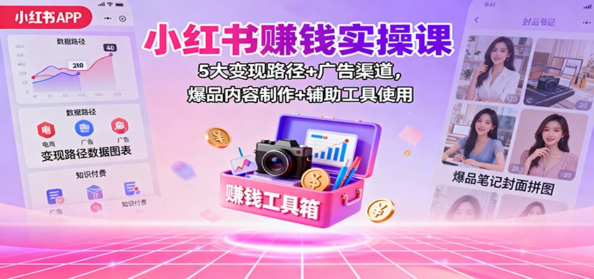 小红书赚钱实操课：5大变现路径+广告渠道，爆品内容制作+辅助工具使用-轻创驿站