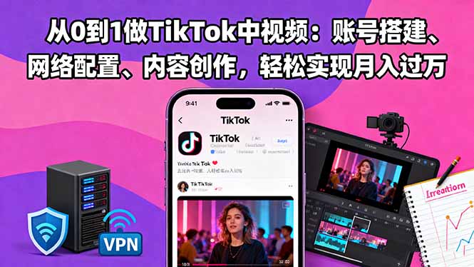 从0到1做TikTok中视频：账号搭建、网络配置、内容创作，轻松实现月入过万-轻创驿站