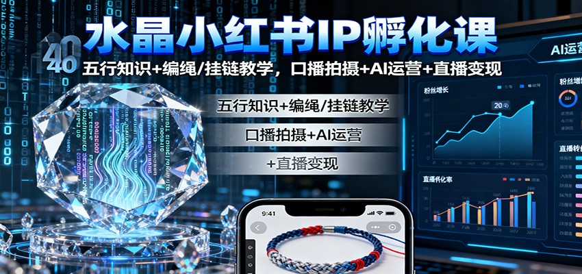 水晶小红书IP孵化课：五行知识+编绳/挂链教学，口播拍摄+AI运营+直播变现-轻创驿站