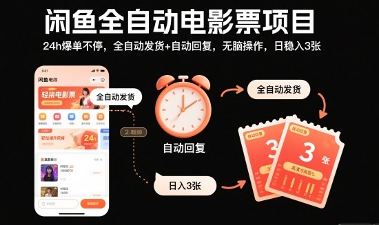 闲鱼全自动电影票项目，24h爆单不停，全自动发货+自动回复，无脑操作，日稳入3张【揭秘】-轻创驿站