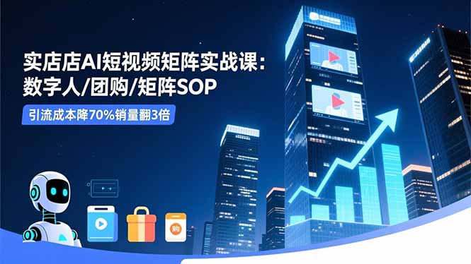 实体店AI短视频矩阵实战课：数字人/团购/矩阵SOP，引流成本降70%销量翻3倍-轻创驿站