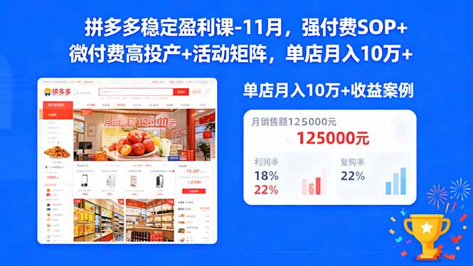拼多多稳定盈利课-11月，强付费SOP+微付费高投产+活动矩阵，单店月入10w+-轻创驿站
